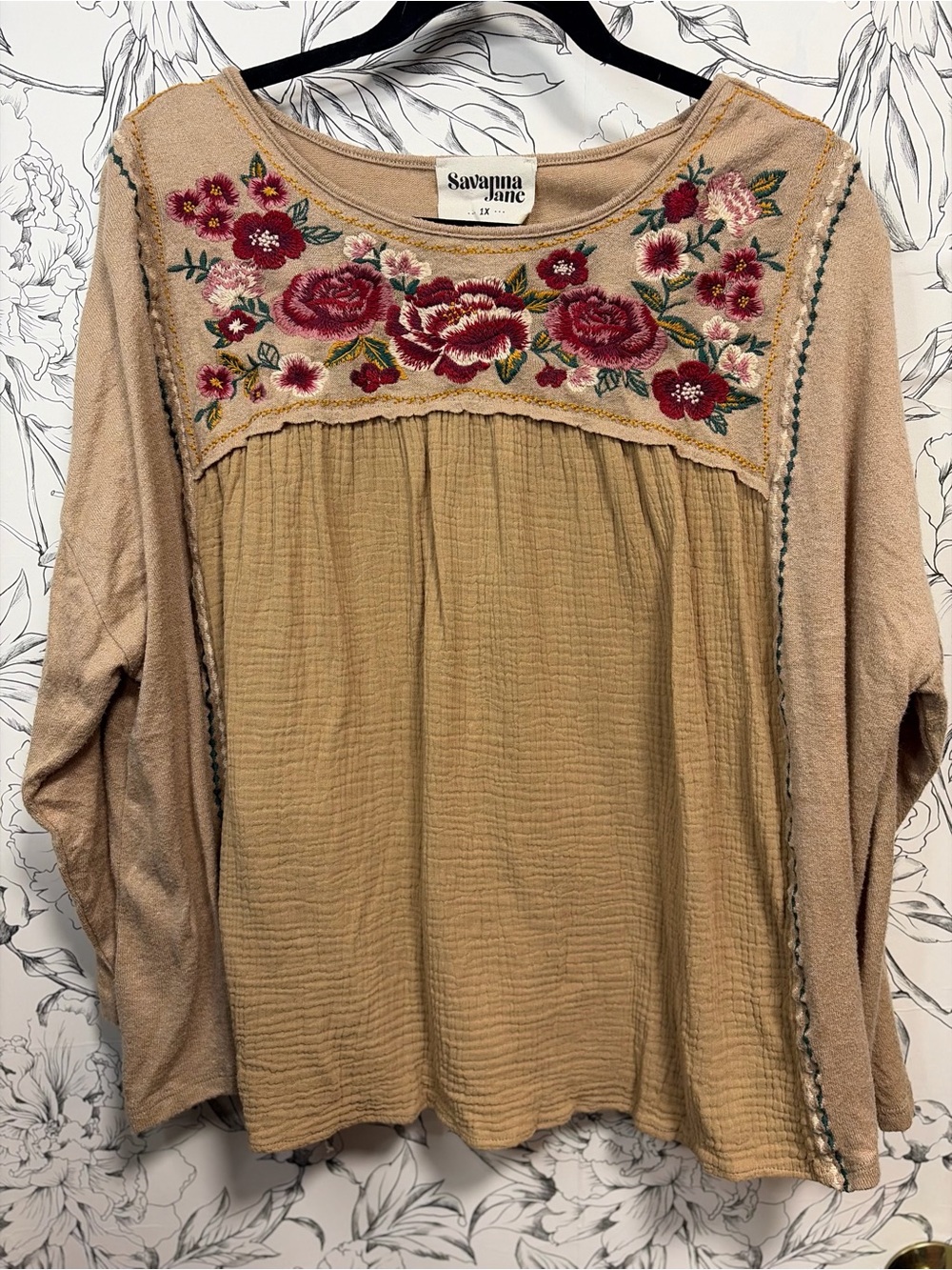 Savanna Jane Tan Peasant Blouse with Red Floral Embroidery